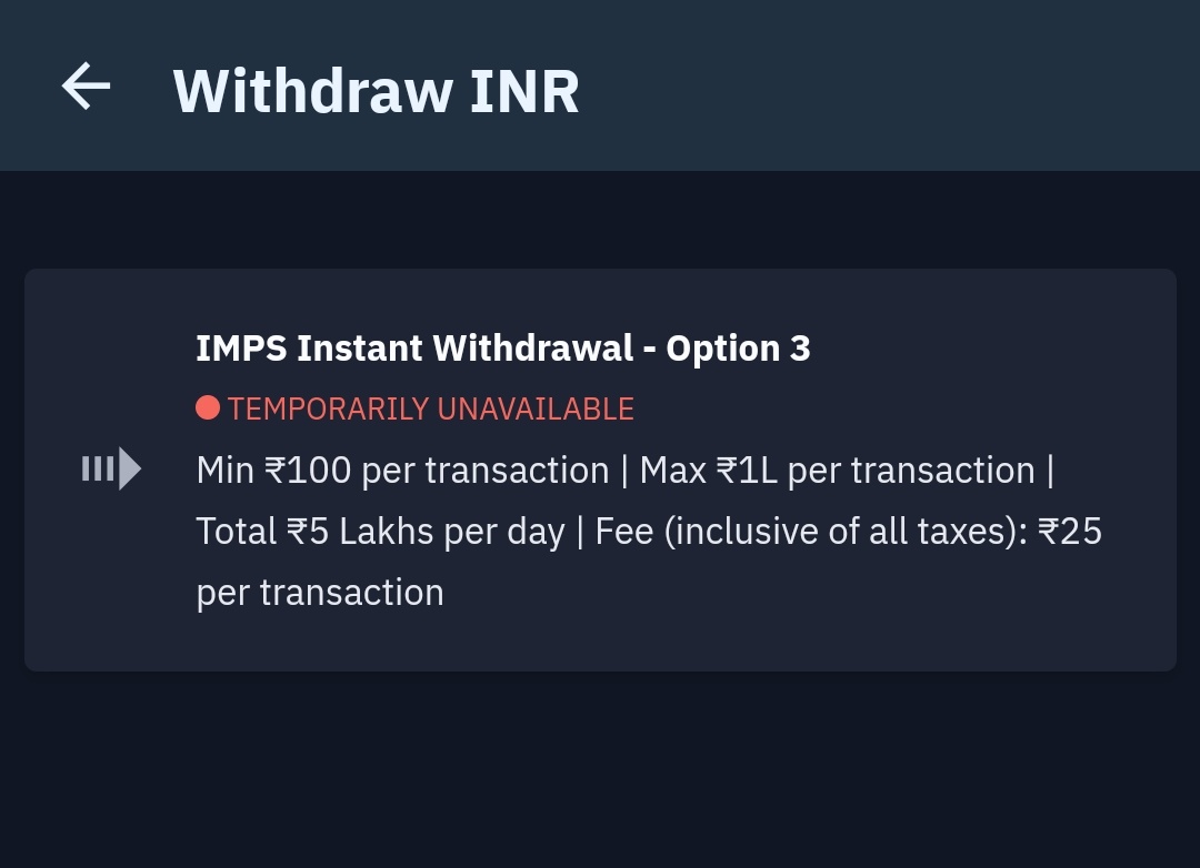 Hello <a href="/WazirXIndia/">WazirX: India Ka Bitcoin Exchange</a> 👇

You have announced that INR withdrawal will be available from 26th August 2024, but here I can see that withdrawal options are disabled. Why?

No huge discount on withdrawal fee reduced from 25 to 10 INR

#WazirX