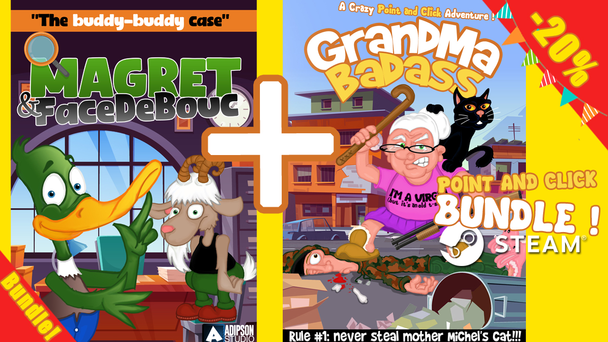 AdipsonStudio's tweet photo. "BUNDLE ADIPSON  BEST OF #pointandclick " AVAILABLE ON STEAM ! 
Buy Grandma Badass + Magret &amp; Facedebouc -20% off in the bundle of the 2 succes games !!!!
👇https://t.co/2AfCqdLK0v https://t.co/NoG6tCHw0l