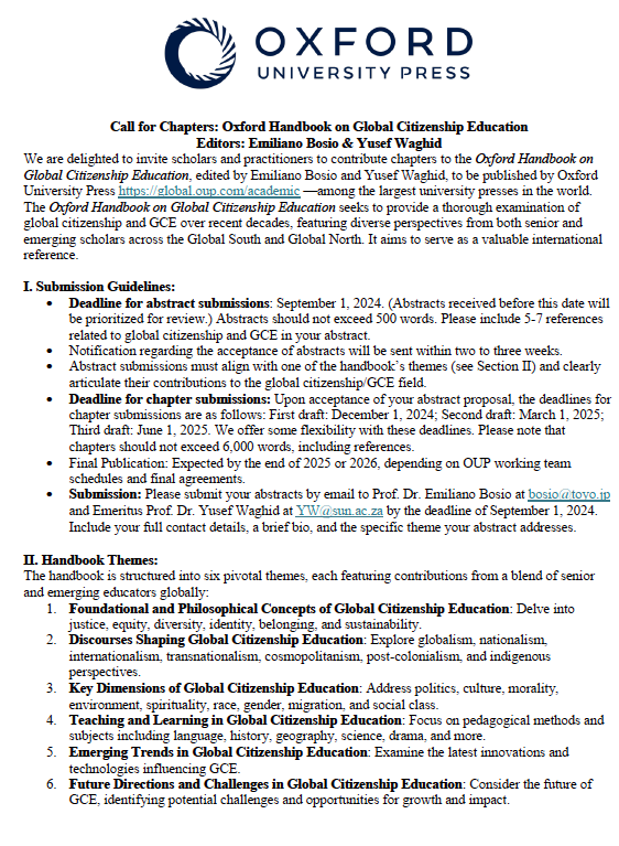 🌍 Call for Chapter Proposals! Oxford Handbook on Global Citizenship Education Oxford University Press <a href="/OxUniPress/">Oxford University Press</a> | Guest Editors: Dr. Emiliano T. Bosio, Ph.D., and Emeritus Prof. Yusef Waghid. If interested, please send a private message. #GlobalCitizenship #Education #Oxford