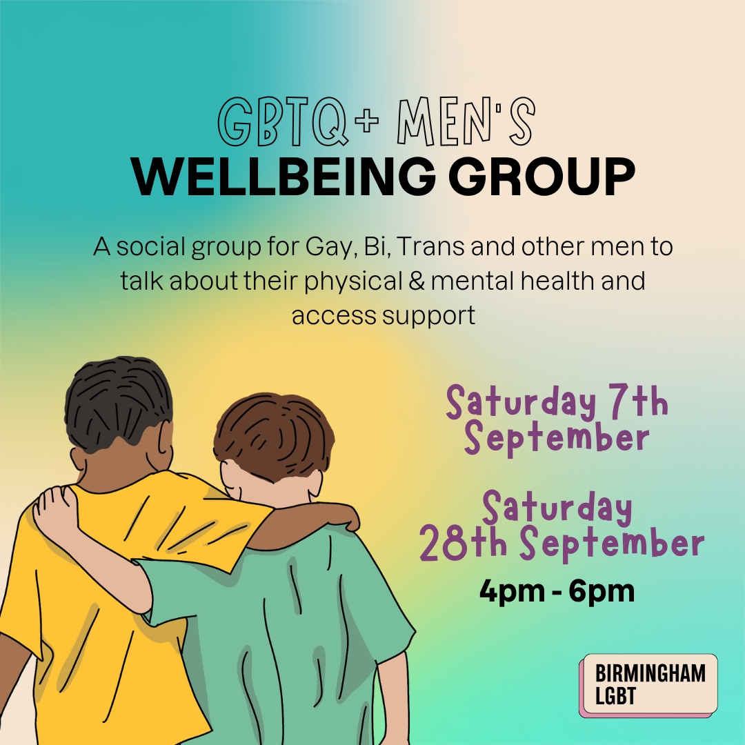 birminghamlgbt's tweet photo. GBTQ+ Men's Wellbeing Group 🌈

Join us and make new friends, catch up with existing friends and find support from the community. 

🌈 Saturday 7th September &amp; Saturday 28th September
⏰ 4pm-6pm
📍 Birmingham LGBT Centre https://t.co/1or73QFrUA