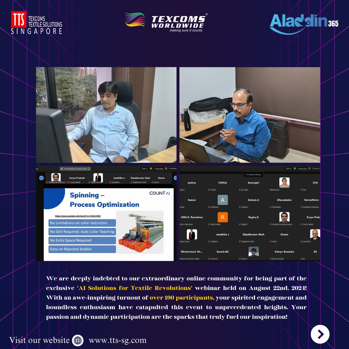 TTS_Texcoms's tweet photo. Thanks for joining our 'AI Solutions for Textile Revolutions' webinar! 🌟 Special thanks to our experts: Mr. Amitharaj Thettraravu Kumar, Mr. Harsha Vardhan, and Mr. Mohankumar Ramaswamy for their insights. 🙌 

#AIWebinar #TextileInnovation #TexcomsWorldwide https://t.co/SoNG9wdVol