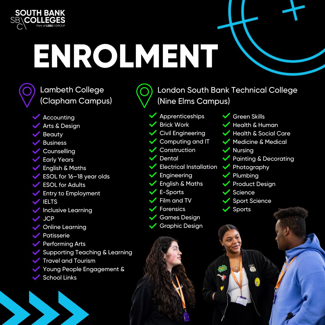 📢 Enrolment is in full swing! Don’t miss out on securing your spot at LSBTC or Lambeth College. 

Whether you’re set on a specific course or still deciding, we’re here to help you find your perfect fit. Visit the link for all the details. southbankcolleges.ac.uk/student-suppor…

#Enrolment #sbc