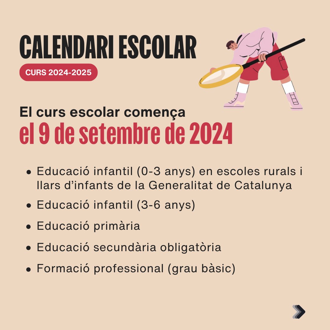 educaciocat's tweet photo. 🗓️Queden pocs dies perquè comenci el curs escolar 2024-2025:

🔹9 de setembre: infantil, primària, ESO i FP bàsica.
🔹12 de setembre: batxillerat, FP grau mitjà i superior, cursos d'especialització, PFI, etc.

Consulta totes les dates➡️ https://t.co/Kiiihcq6MQ https://t.co/8rwHmyjXMy