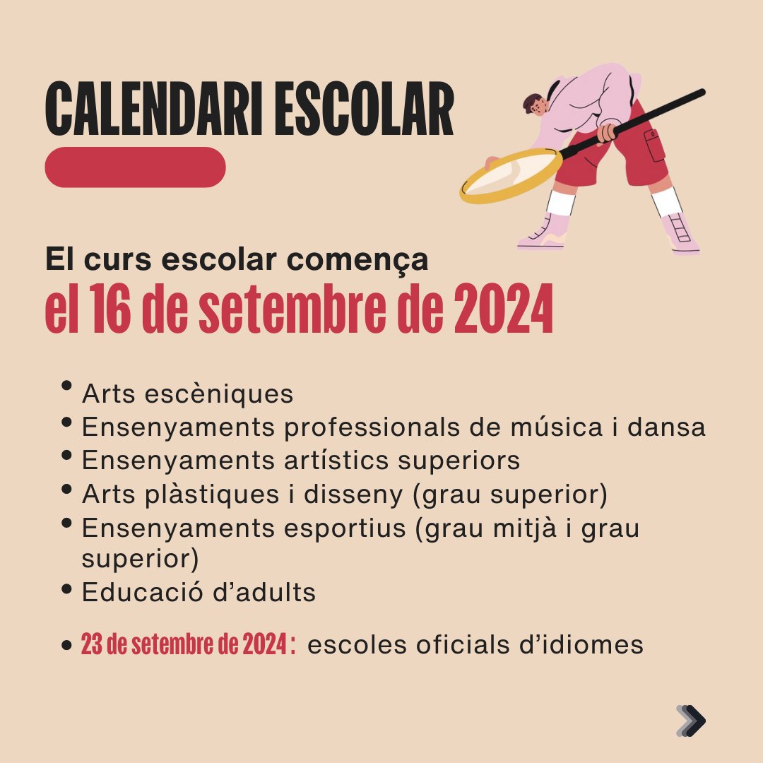 🗓️Queden pocs dies perquè comenci el curs escolar 2024-2025:

🔹9 de setembre: infantil, primària, ESO i FP bàsica.
🔹12 de setembre: batxillerat, FP grau mitjà i superior, cursos d'especialització, PFI, etc.

Consulta totes les dates➡️ educacio.gencat.cat/ca/arees-actua…