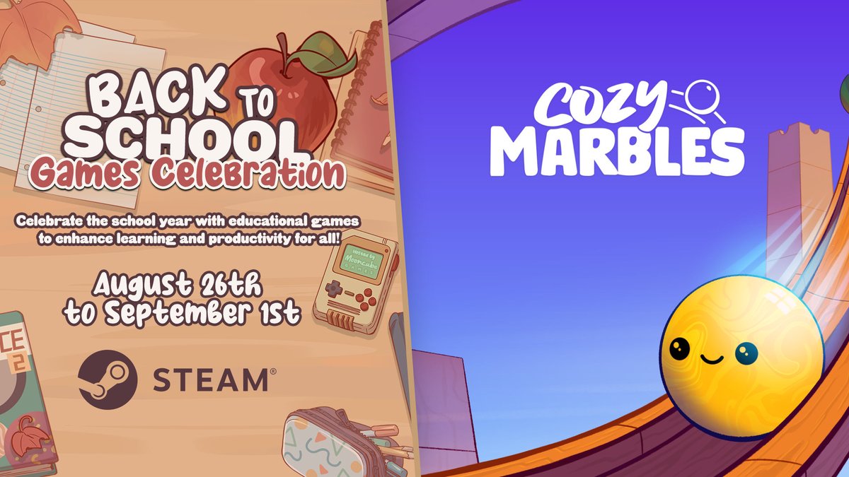 Cozy Marbles will be part of the 'Back to School' Event on Steam, woohoo!

Have you checked out our new demo yet?😉

Huge thanks to <a href="/wearemooncube/">Mooncube Games</a> and <a href="/SpiritCityLofi/">Spirit City: Lofi Sessions - PC/MacOS</a> for organizing this special event! ❤️