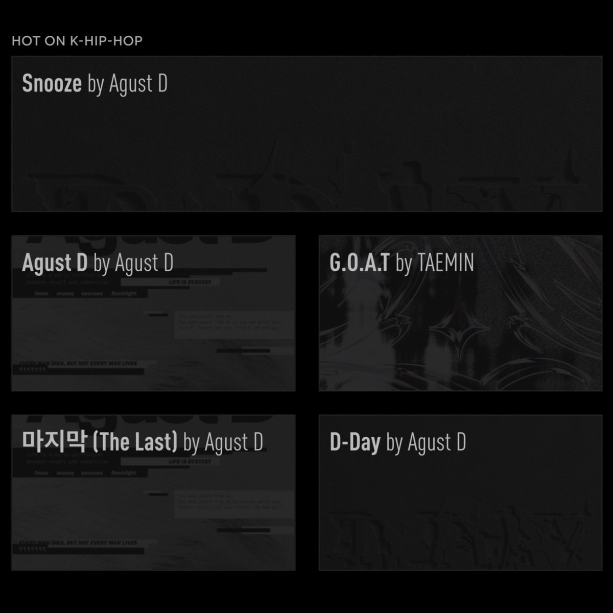 Genius_kor's tweet photo. #GeniusCharts | Four songs by #AgustD aka #SUGA of BTS (@BTS_twt) re-enter the Top 5 of the daily K-Hip-Hop chart in Genius Korea

#1 “Snooze”
#2 “Agust D” 
#4 “마지막 (The Last)” 
#5 “D-Day” https://t.co/xb51HCcC72