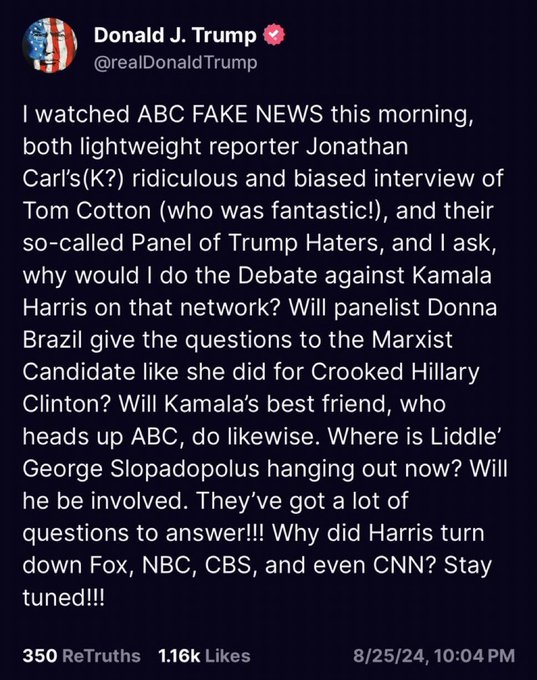 QuoteDigging's tweet photo. BREAKING: Donald Trump is now wavering on his commitment to debate Kamala Harris. It’s clear Donald Trump is terrified of Kamala Harris. https://t.co/XIedZDdQU4