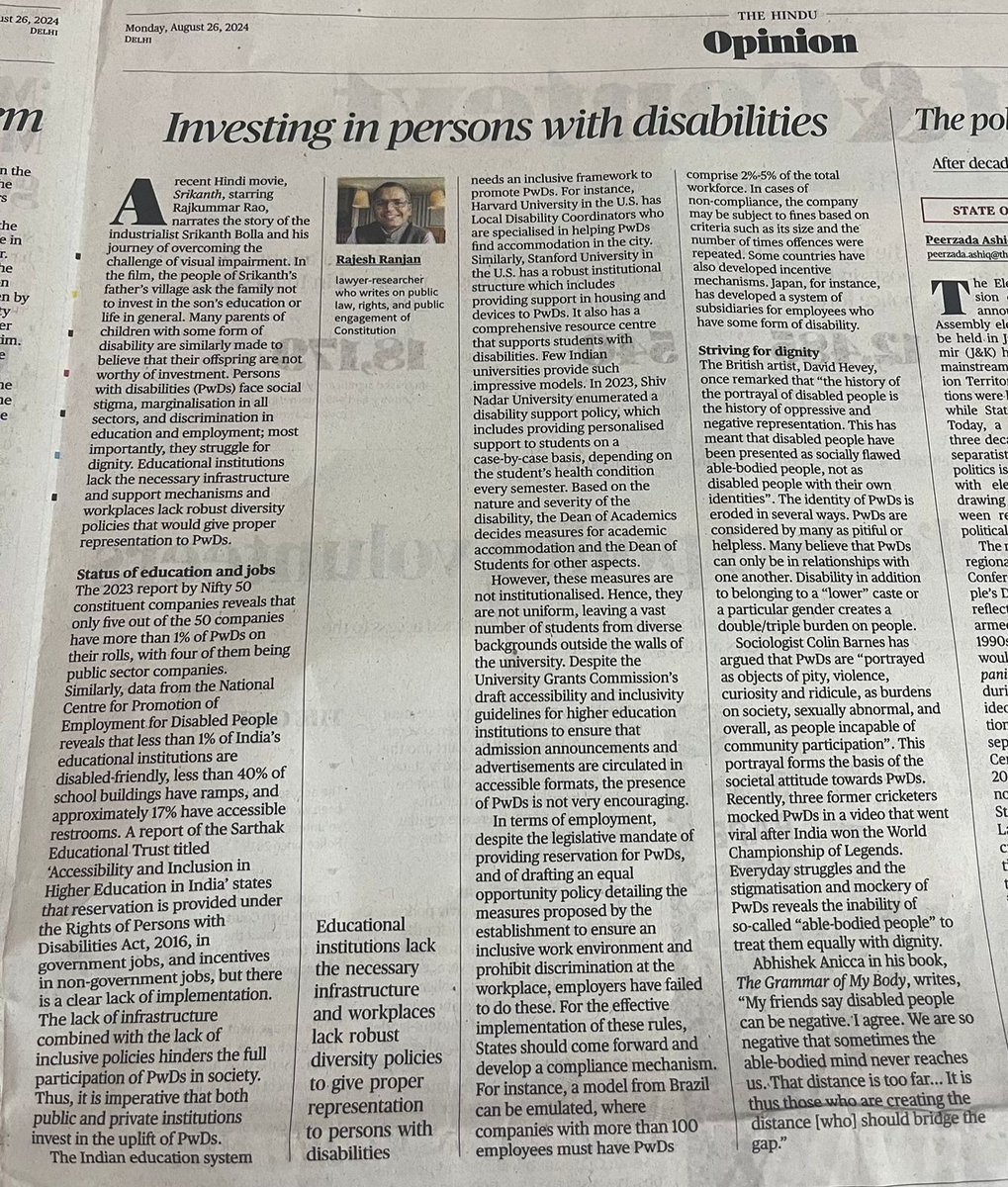 Mahtab महताब مہتاب (@mahtabnama) on Twitter photo Rajesh Ranjan (<a href="/chhotaokil/">Rajesh Ranjan</a>) 's article on the urgent need of Investing in Persons with Disabilities (PWDs), published in today's edition of The Hindu 👇 #MustRead
thehindu.com/opinion/op-ed/… Rajesh Ranjan (<a href="/chhotaokil/">Rajesh Ranjan</a>) 's article on the urgent need of Investing in Persons with Disabilities (PWDs), published in today's edition of The Hindu 👇 #MustRead
thehindu.com/opinion/op-ed/…