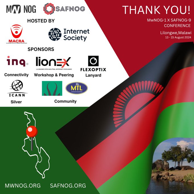 MwNOG1's tweet photo. Many thanks to our amazing sponsors for making the MwNOG-1 X SAFNOG-9 Conference a reality and a success! Let's continue to work together in #ConnectingMalawi and #BuildingTheAfricanInternet! #MwNOG1 #SAFNOG9 #ThankYou https://t.co/DjZBRcvBC4