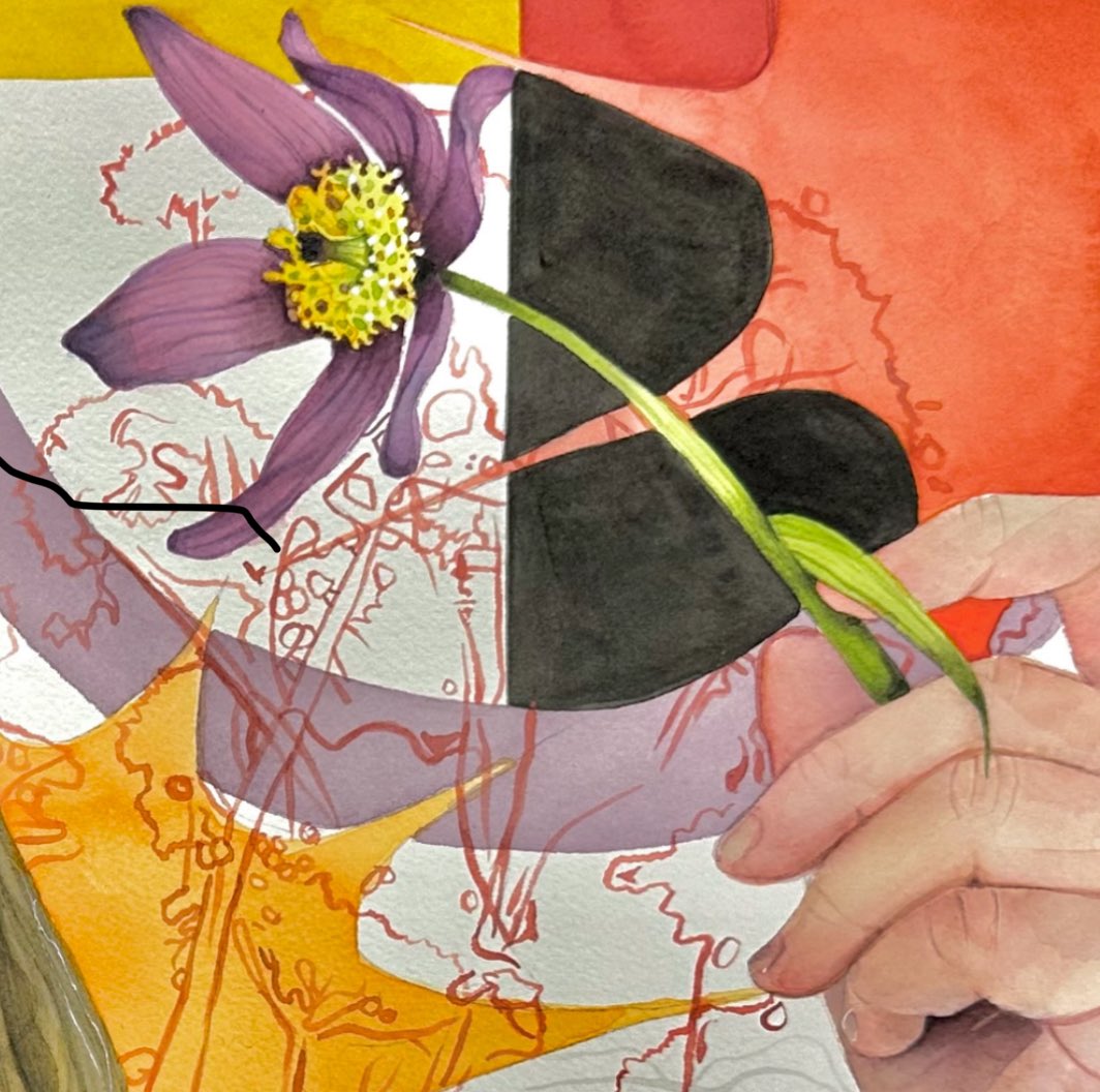 "This is a piece about my Native American heritage and South Dakotan blood. The large flower and red lines illustrate the state flowers of my home state, and the background colors symbolize Cherokee culture."
synthesispublications.org/traditional-ar…
