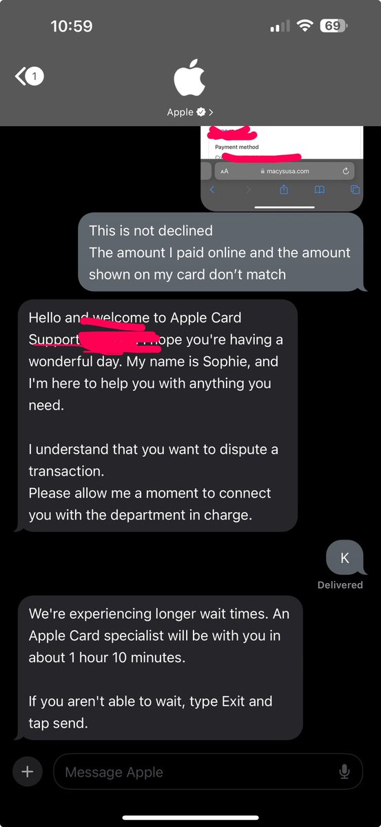 sdakshi's tweet photo. @AppleSupport  @AppleCard @Apple 
Please look at this screen shot and the last line sent by autogenerated system, in this day and age, who gives just 2 options either wait 1 hr 10 min or exit!! 
Please improve  and don’t make us Exit your card! https://t.co/dkbIroSD4V