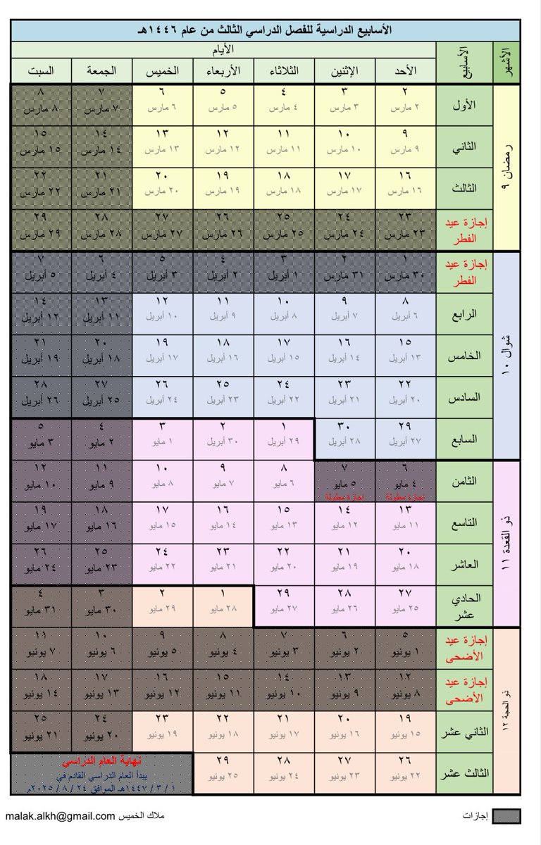 malak_alkh's tweet photo. تفصيل للأسابيع الدراسية والأشهر والإجازات لكل فصل دراسي لسنة ١٤٤٦هـ .. جهد خاص مني وأرجو به النفع العام 🙏🏼 https://t.co/WIs9ZThGZy