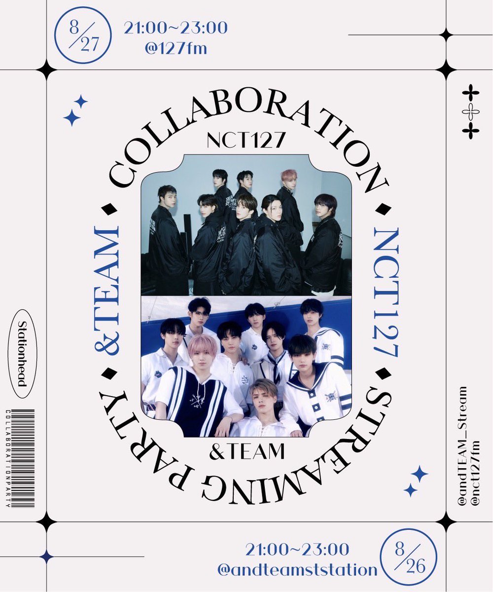 andTEAM_Stream's tweet photo. ／
⚡️Collaboration Party⚡️

NCT127さん✨(@nct127fm )
＼

1日目
🗓️26日(月)21:00〜23:00
https://t.co/Ixk8ZSs7Kp

2日目
🗓️27日(火)21:00〜23:00
https://t.co/LheDnV8LuG

皆様のご参加お待ちしてます☺️

#NCT127
#andTEAM
#STATIONHEAD
#STATIONHEAD_andTEAM https://t.co/fcjJPSfm3p