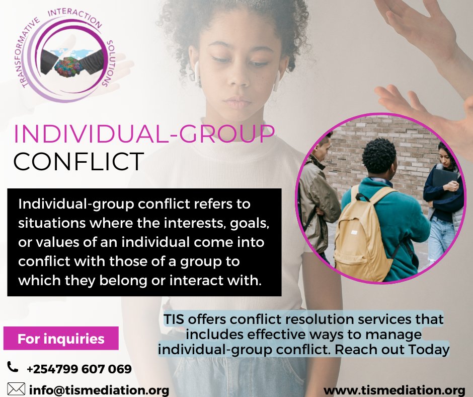 Trainso2023's tweet photo. Individual-group conflict occurs where the personal beliefs of an individual come into conflict with those of a group to which they interact with.
This type of conflict can manifest in various settings, such as workplaces, social organizations, families, or communities
Reach out. https://t.co/8SFfMGcRyI