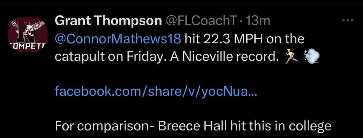 Just doing my thing!!!🤷‍♂️🙌 hit 22.3 MPH Friday during our win against South Sumter, running for 235 yds 2 TDs. Shoutout to my team full of the best athletes and my O line, TEs, and receivers for leading my way in the yds and crib visits! <a href="/Niceville_FB/">Niceville Football</a> <a href="/SethSnwfdn/">Seth Stringer</a> <a href="/MaxPreps/">MaxPreps</a>