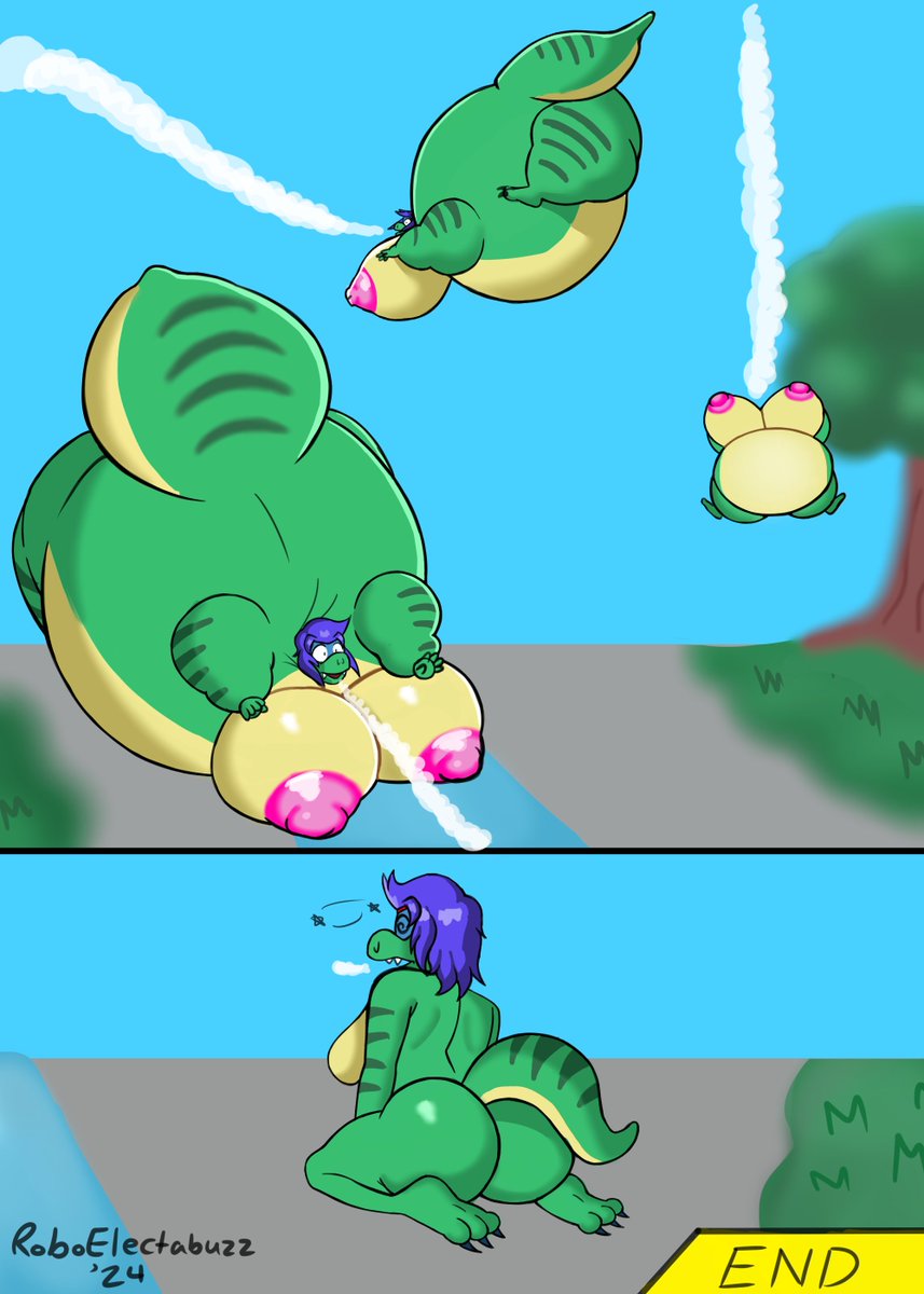 Sequence for <a href="/Nish13G/">Nish1️⃣3️⃣Guilno🔞</a> of their OC T-Rex Mega being inflated while relaxing by a waterfall.