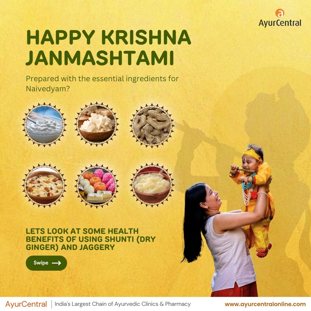 ayurcentralrmn's tweet photo. Celebrate Krishna Janmashtami with health and devotion!

🌸 Discover the sacred benefits of Shunti (dry ginger) and Jaggery, integral to the rituals and your well-being. May this divine day bring you joy, health, and prosperity. 🙏✨

#Janmashtami #Ayurveda #HealthAndWellness https://t.co/56QtfF42fN