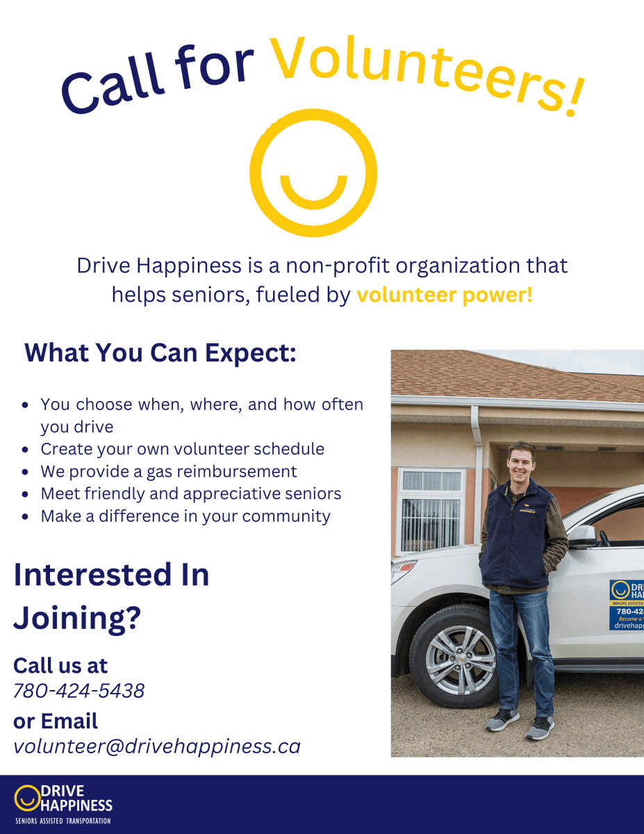 Hello #PRCL Members,

Are you looking to volunteer to help your fellow community members? #DriveHappiness is looking for volunteers to help transport senior citizens and persons with reduced mobilities. More information below! #yeg #Edmonton #Volunteer