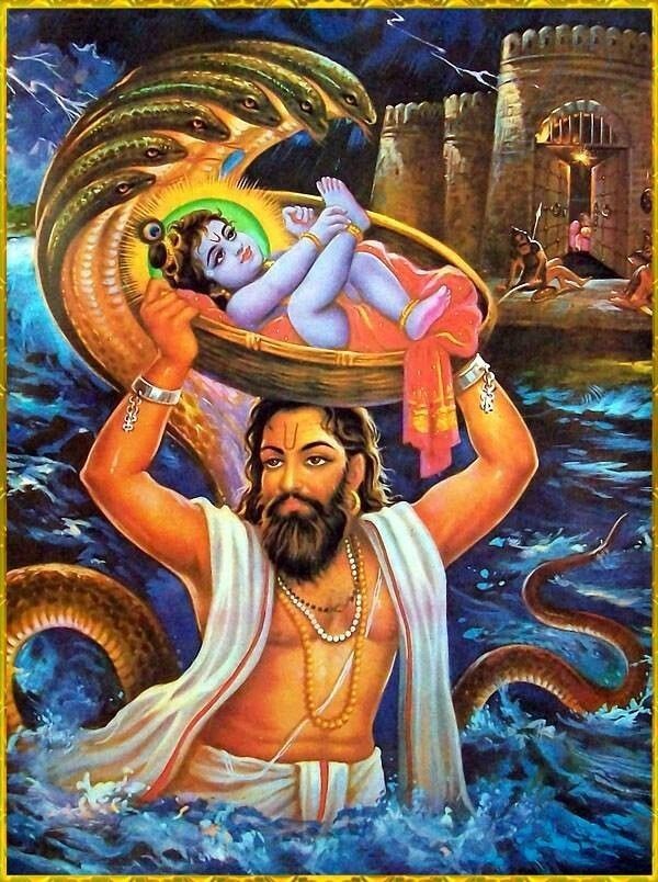 KatakiManisha's tweet photo. Tha Bhagavat Purana describes d night of Shri Krishna’s Birth as tumultuous, with intense winds, rain n thunder...The guards of d prison fell into a deep sleep allowing Vasudeva to carry Shri Krishna across d Yamuna to safety. Om Namo Bhagavate Vasudevaya!!🙏 https://t.co/DWv8rB9Lu1
