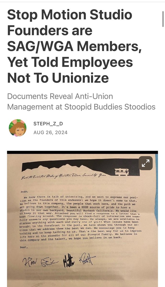 AWorkersIgnited's tweet photo. Stop Motion Studio Founders are SAG/WGA Members, Yet Told Employees Not To Unionize:
Documents Reveal Anti-Union Management at Stoopid Buddies Stoodios via @steph_zd https://t.co/JaZ1NZaOxS https://t.co/9MDEZvZYgL