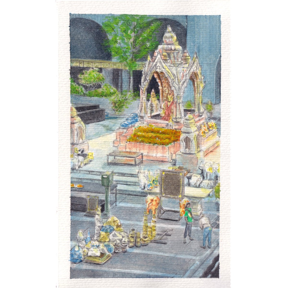 View of the Ganesh Shrine from the Central World walkway in Bangkok. 

Done with <a href="/pelikan_company/">Pelikan</a> watercolours on <a href="/Shoptokyofinds/">Tokyo Finds</a> watercolour journal 5 x 8" .

#ganeshshrine
#ganesh #watercolour #aquarelle