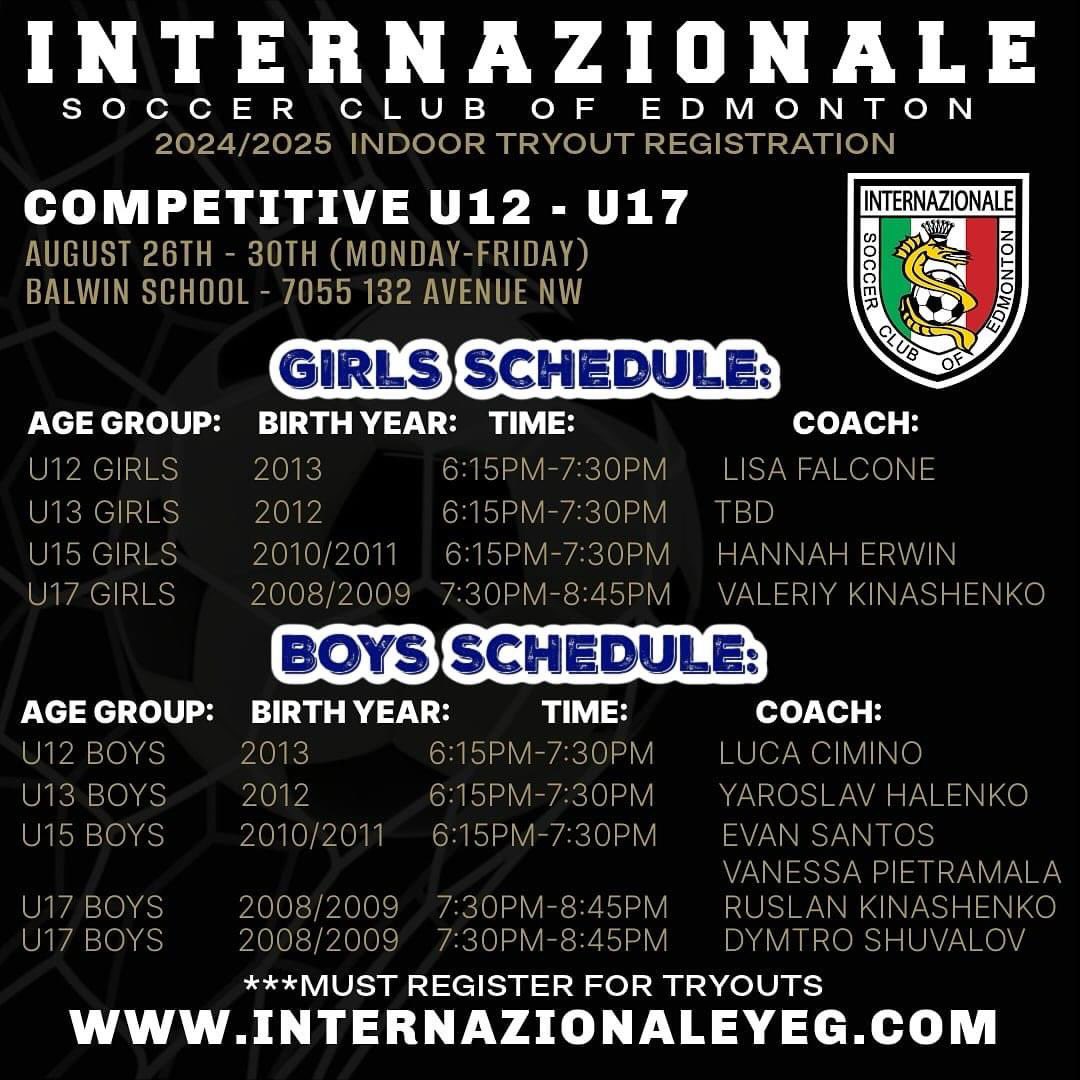 Tomorrow is going to be the start to a very exciting week! U12-U17 Competitive tryouts at Balwin School! Please register at: 
INTERNAZIONALEYEG.COM
*Update to our previous post that U17G practice is from 7:30PM-8:45PM.*
Can’t wait to see you all on the pitch tomorrow!