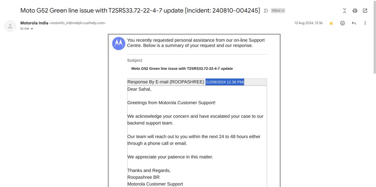 SahalShaji99's tweet image. MotoG52 - Green Lines after July update. Out of warranty device with no damage. Calicut service centre asked  Rs.8000+ for screen replacement. Emailed @Moto_Support  (Incident: 240810-004245) , Haven&apos;t received update even after 3 weeks. Cc: @Moto @nch1915 

#SoftwareUpdateIssue