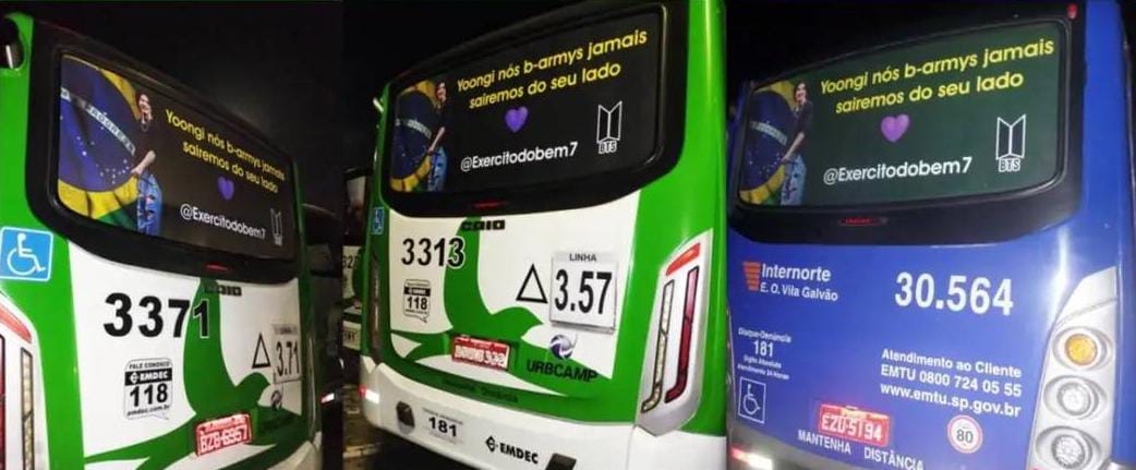 mygbrazil's tweet photo. 📸 | Ônibus estão circulando pelas ruas de São Paulo, Campinas e Guarulhos com a frase "Yoongi nós B-ARMYs jamais sairemos do seu lado" 🫂🥹🇧🇷💜

BARMY WITH SUGA
WE LOVE YOU YOONGI
누가 뭐래도 방탄=7
#ARMYStandsWithSuga 
#YoongiNeverWalksAlone https://t.co/1gcyUvlWUp
