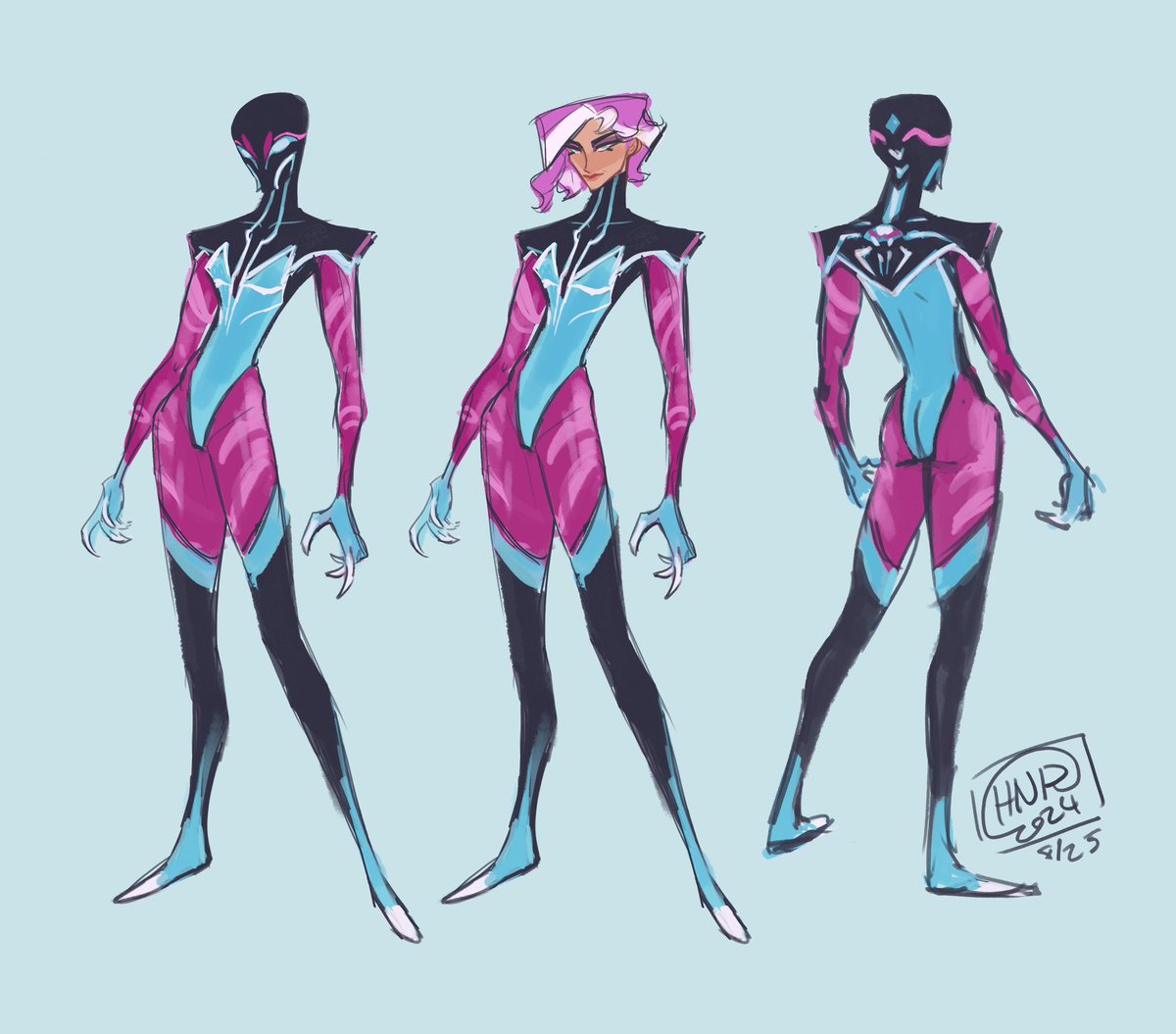 I updated the slime/kenina spidersona…

Style + suit change

I really like the sharp shoulders. The mask feels a bit more bug like now 🫠

#spidersona #valgomioc #characterdesign