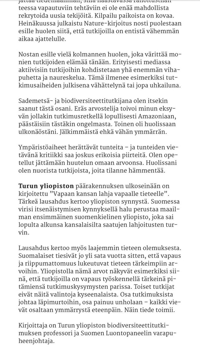 Kirjoitin uudessa kolumnissa tieteen muutoksesta. <a href="/turunsanomat/">Turun Sanomat</a> julkaisee kirjoituksen tällä kertaa vapaasti luettavana. #Tiede on muutoksessa. Nostin kirjoitukseen myös omakohtaisia esimerkkejä haasteista, jotka kohtaavat tutkijoita nykyisin. <a href="/UniTurku/">Turun yliopisto - University of Turku</a> <a href="/luontopaneeli/">Luontopaneeli</a> <a href="/SBiodiful/">STNBiodiful</a>