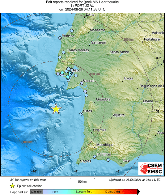 LastQuake's tweet photo. #Earthquake 74 km SW of #Setúbal (#Portugal) 3 min ago (local time 05:11:38). Colored dots represent local shaking &amp; damage level reported by eyeswitnesses. Share your experience via:
📱https://t.co/IbUfG7TFOL
🌐https://t.co/DhwI8IFoHR https://t.co/0gAaBuDcQ6