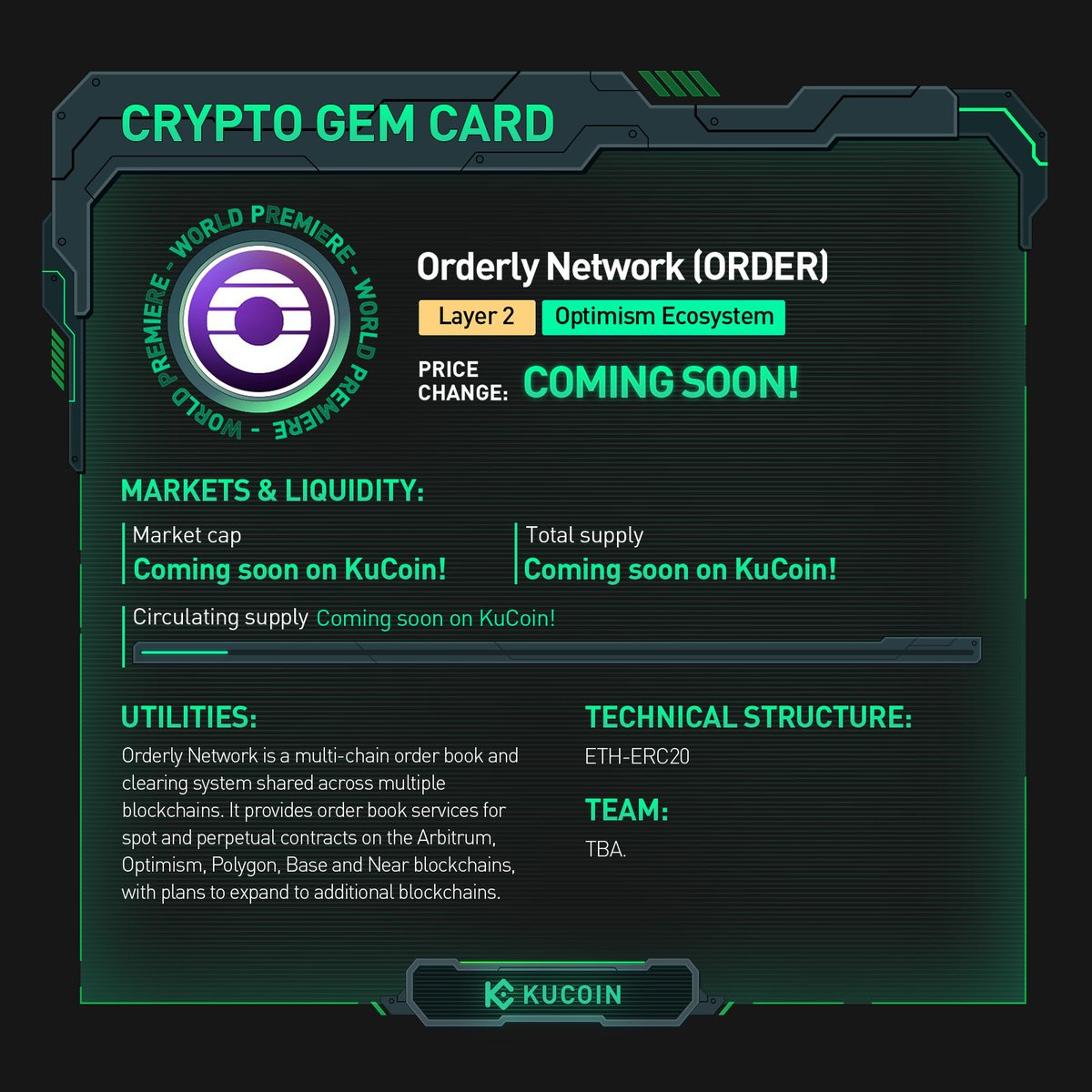 kucoincom's tweet photo. $ORDER trading is now live on #KuCoin!
🚀ORDER/USDT: https://t.co/4J0JwhVo5l
Find out more about @OrderlyNetwork in #KuCoinCryptoGem card.
#Layer2 #OptimismEcosystem https://t.co/b8k32D2qco