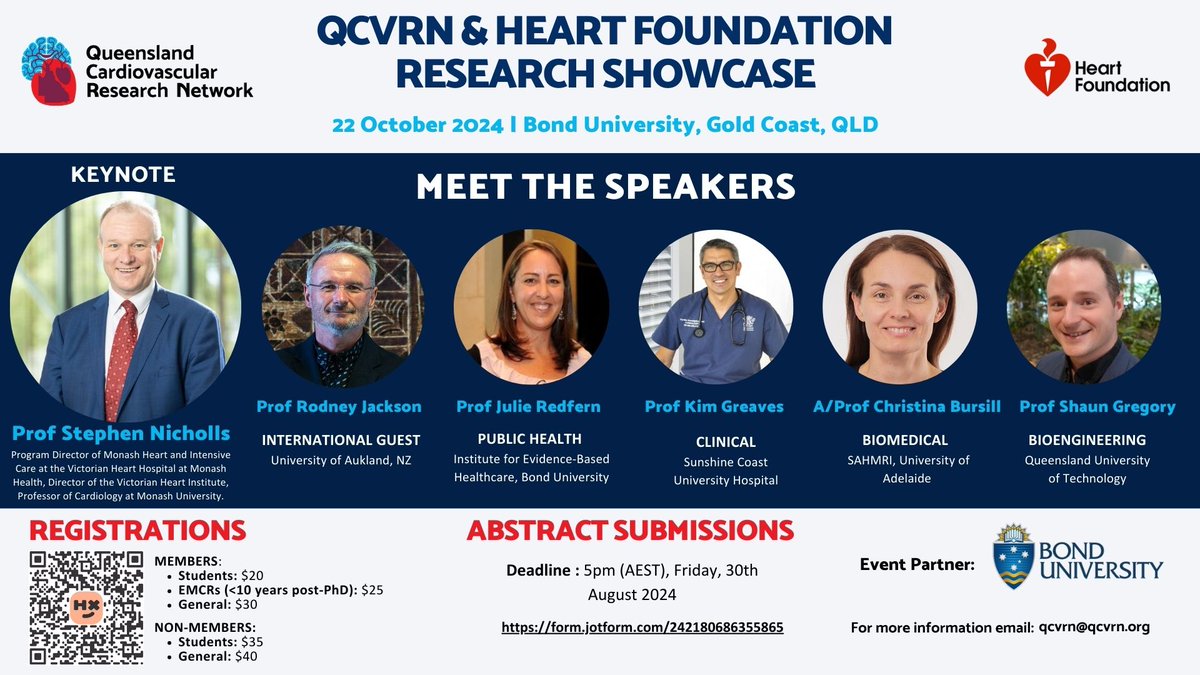 Queensland Cardiovascular Research Network (@qcvrn) on Twitter photo 📢 REGISTER NOW! events.humanitix.com/2024-qcvrn-and…
Registration closes: 5pm (AEST), Monday, 30th September 2024
REMINDER: Abstract submissions close at 5pm (AEST) this Friday, 30th August 2024.
<a href="/ProfSNicholls/">Steve Nicholls</a> <a href="/JRedHeart/">Julie Redfern AM ♡</a> <a href="/ChrisBursill/">ChrisBursill</a> <a href="/DrShaunGregory/">Shaun Gregory</a> <a href="/BondUniversity/">Bond University</a> <a href="/heartfoundation/">Heart Foundation</a> 📢 REGISTER NOW! events.humanitix.com/2024-qcvrn-and…
Registration closes: 5pm (AEST), Monday, 30th September 2024
REMINDER: Abstract submissions close at 5pm (AEST) this Friday, 30th August 2024.
<a href="/ProfSNicholls/">Steve Nicholls</a> <a href="/JRedHeart/">Julie Redfern AM ♡</a> <a href="/ChrisBursill/">ChrisBursill</a> <a href="/DrShaunGregory/">Shaun Gregory</a> <a href="/BondUniversity/">Bond University</a> <a href="/heartfoundation/">Heart Foundation</a>