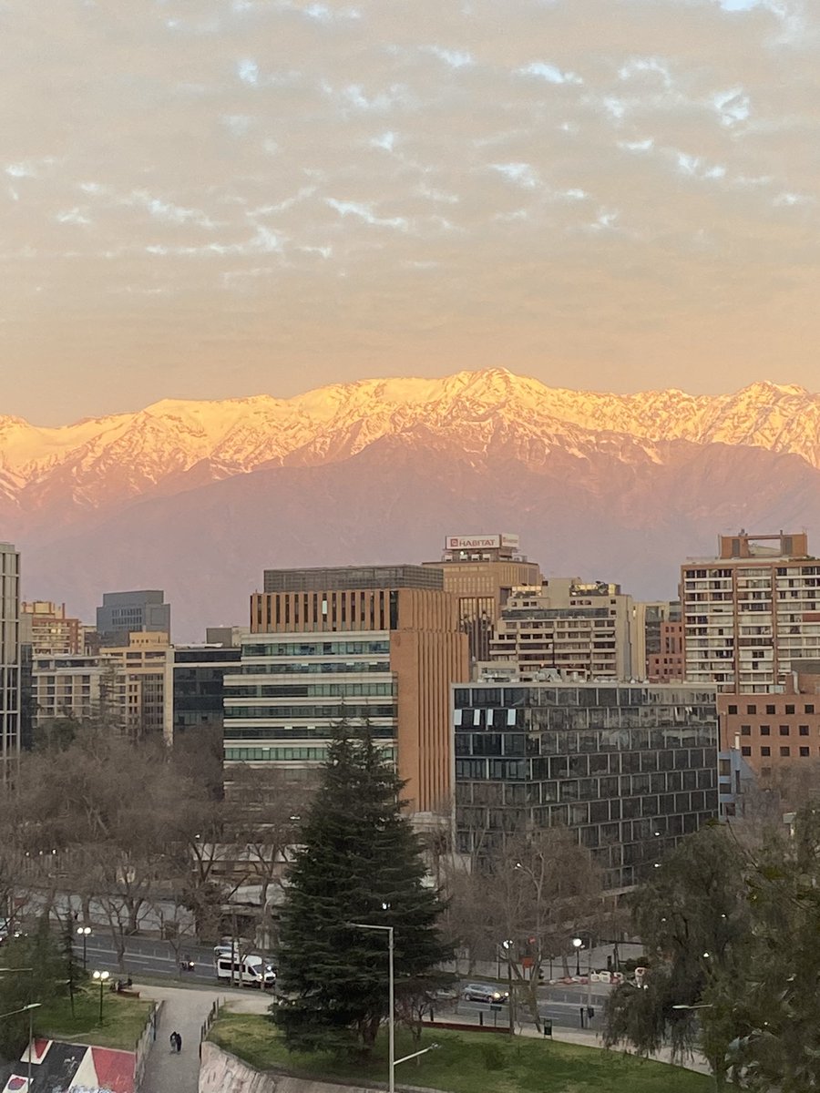 Beautiful sunset reflected on the snow capped Andes that nurture the city of Santiago - a stunning entry into #ISEE2024 Conference