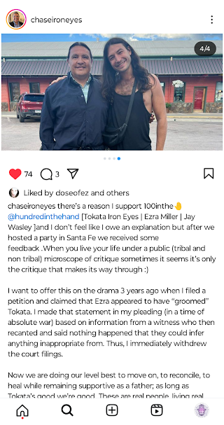 nighttimerain1's tweet image. Chase Iron Eyes’ (father of Tokata) statement on alleged grooming by Ezra Miller. The witness admitted to lying; there was no grooming or abuse. All those bizarre stories about Ezra on social media are lies. #truth #healing #EzraMiller