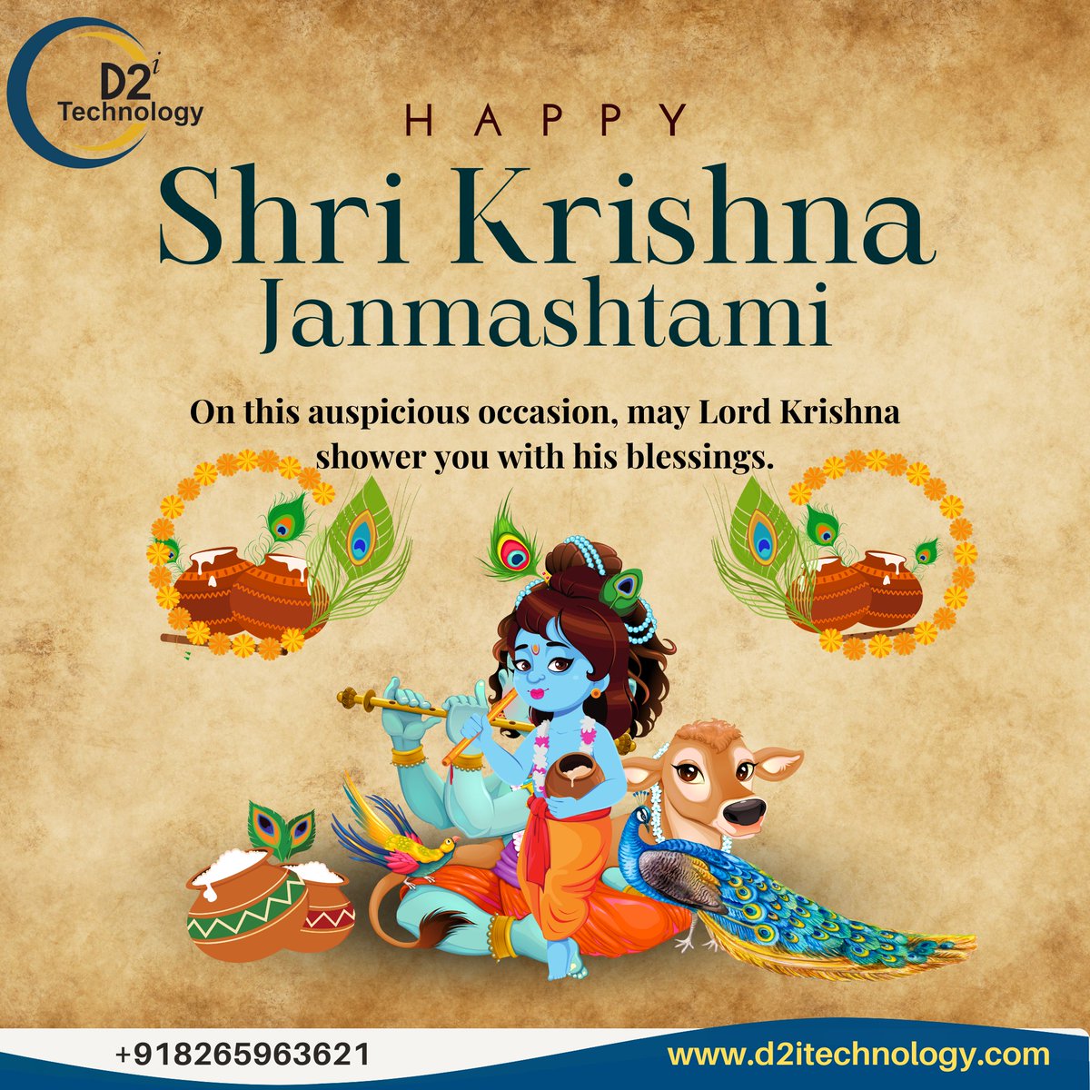 d2itechnology's tweet photo. May the blessings of Lord Krishna bring joy, peace, and prosperity to your life on this auspicious Shri Krishna Janmashtami! Celebrate the divine with love and devotion. Wishing everyone a happy and blessed Janmashtami! #D2iTechnology #Divine #KrishnaJanmashtami #FestiveVibes https://t.co/fX3Ik6wB5t