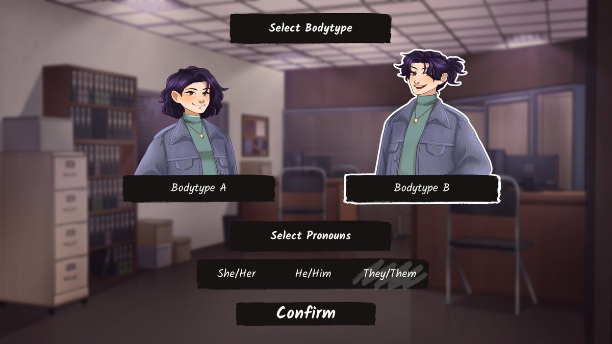 SnowhavenStudio's tweet image. Choose your pronouns and body type in Drops of Death 💀💔🌈