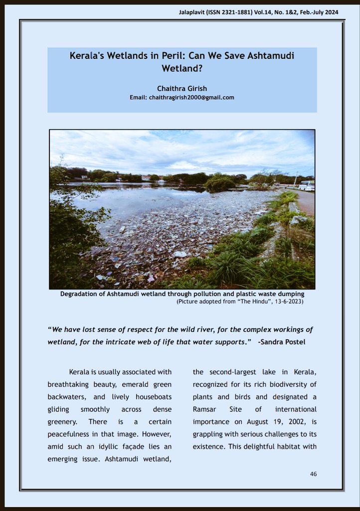 My article on #Ashtamudi wetland is now published on Jalaplavit magazine 𝐈𝐒𝐒𝐍 2321-1881. Check it out and learn more about these unique ecosystems. #Wetlands #conservation 
Check out 👇 
bit.ly/3WWLOKB
