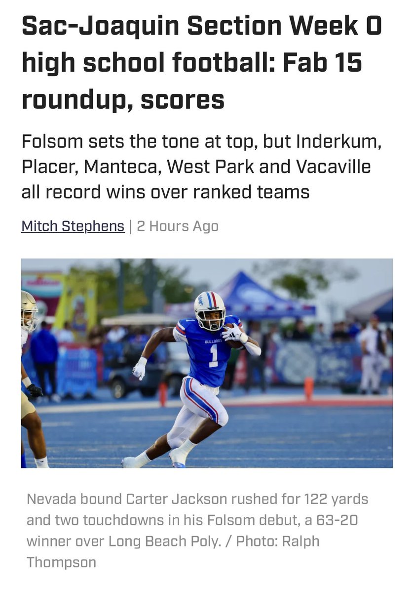 Carter Jackson (@cj_jacks2215) on Twitter photo Game 1 against Long Beach Poly was awesome!! We won 63-20 Our whole team balled out!!! Our line blocked so well and helped me gain 122 yards on 14 carries and 2 tds on to next week <a href="/MitchBookLive/">Mitch Stephens</a> <a href="/CoachLynch/">Mike Lynch</a> <a href="/CoachChoateFB/">Jeff Choate</a> <a href="/BrandonHuffman/">Brandon Huffman</a> <a href="/adamgorney/">Adam Gorney</a> <a href="/Passing_Academy/">NorCal Passing Academy</a> Game 1 against Long Beach Poly was awesome!! We won 63-20 Our whole team balled out!!! Our line blocked so well and helped me gain 122 yards on 14 carries and 2 tds on to next week <a href="/MitchBookLive/">Mitch Stephens</a> <a href="/CoachLynch/">Mike Lynch</a> <a href="/CoachChoateFB/">Jeff Choate</a> <a href="/BrandonHuffman/">Brandon Huffman</a> <a href="/adamgorney/">Adam Gorney</a> <a href="/Passing_Academy/">NorCal Passing Academy</a>