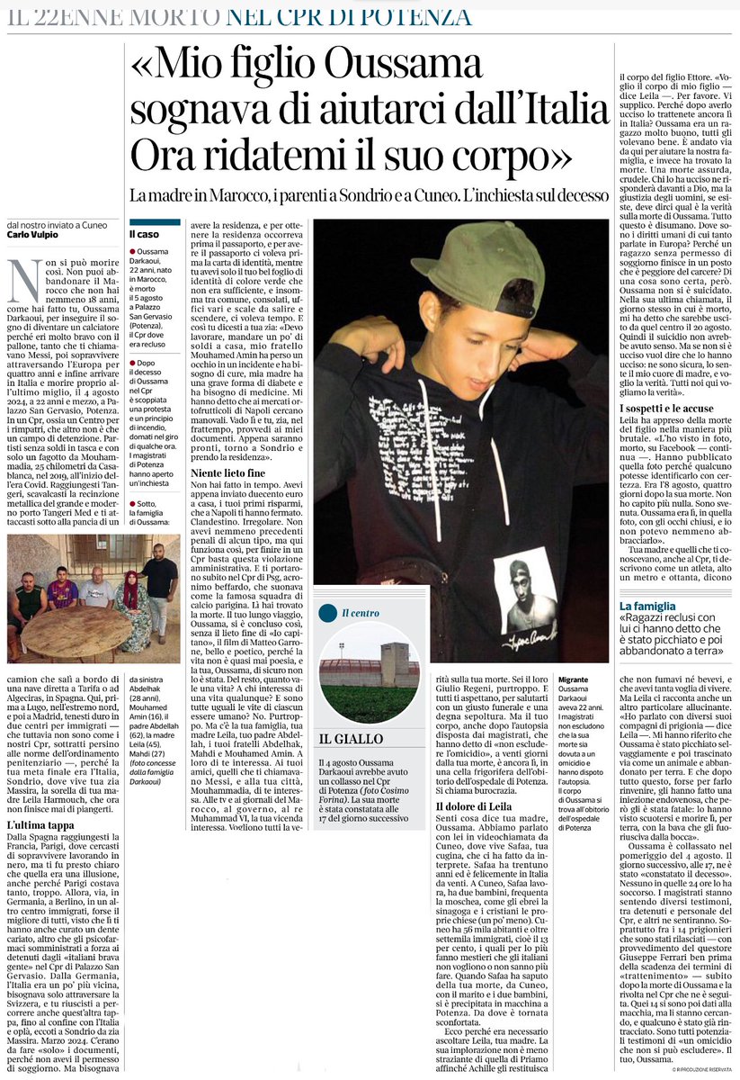 francofontana43's tweet photo. “Mio figlio Oussana sognava di aiutarci dall’Italia.
Ora ridatemi il suo corpo”
Il disperato appello della madre del ragazzo marocchino morto nel Cpr di Potenza, dove era recluso
Carlo Vulpio, @ corriere https://t.co/ugppNzx2wU