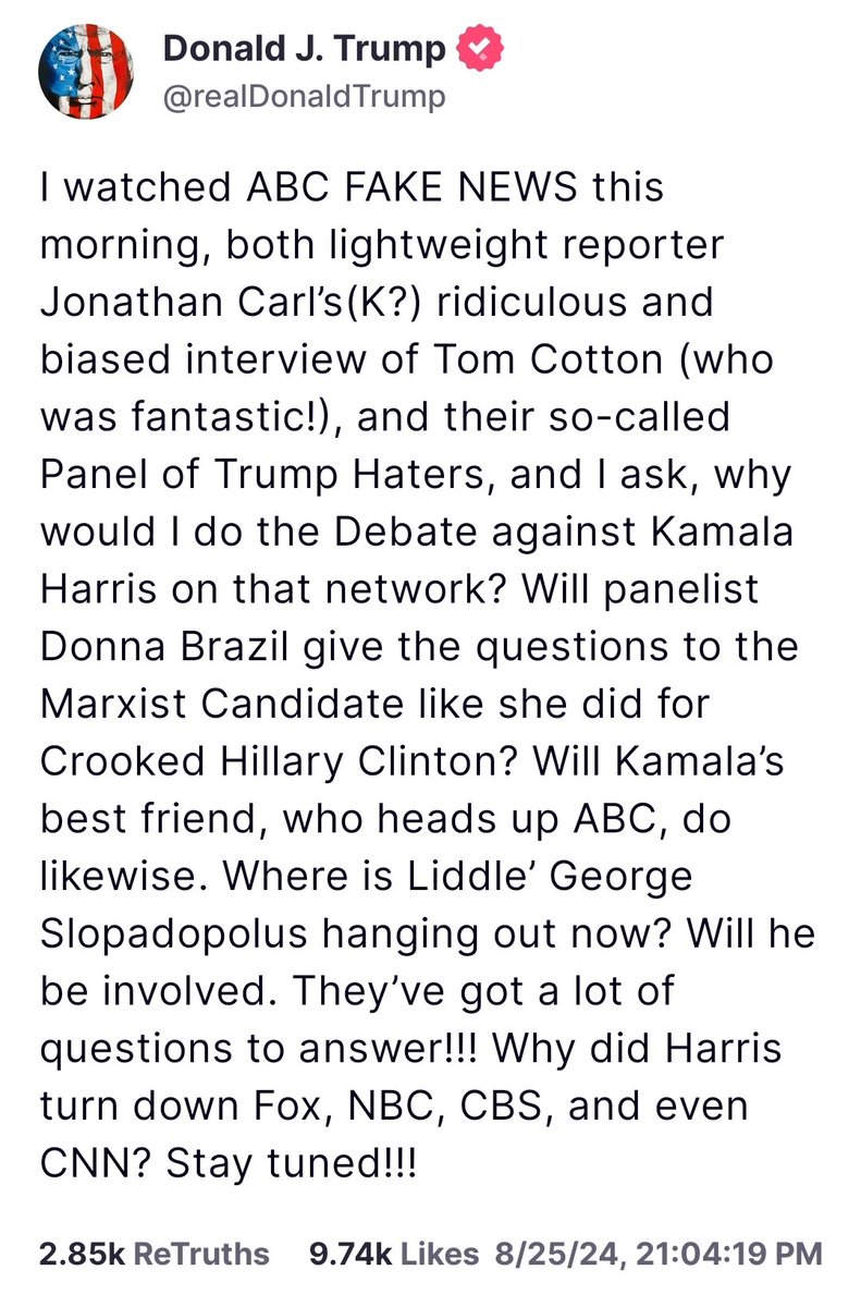 justinbaragona's tweet photo. So definitely looks like Trump is laying the groundwork to pull out of the ABC News debate. https://t.co/EQnUqUtpJd
