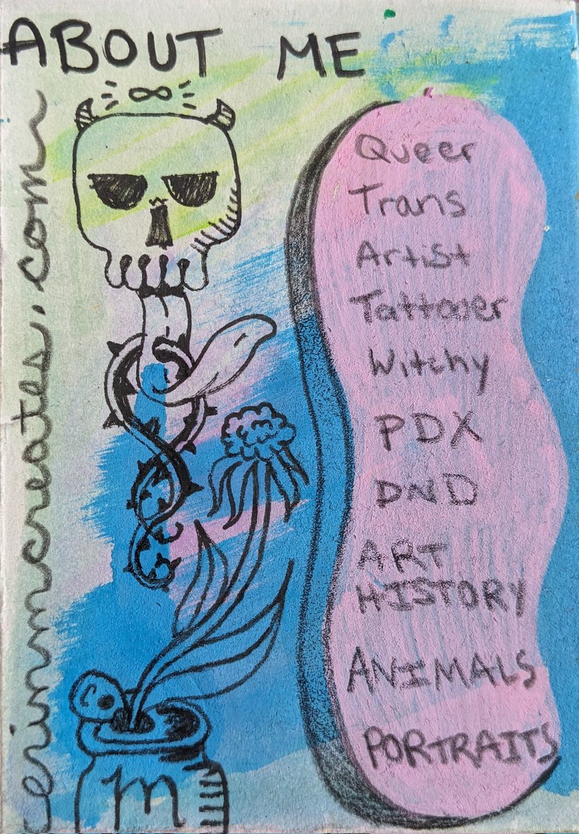 erin_m_creates's tweet photo. What I'm About 🌈🏳️‍⚧️🎨✒️🔮🌲🧙🖼️💀🐯🐍 #ArtistAboutMe #AboutMe #TransArtist #QueerArtist #TattooArt #ErinMCreates https://t.co/H2jXfsvABm