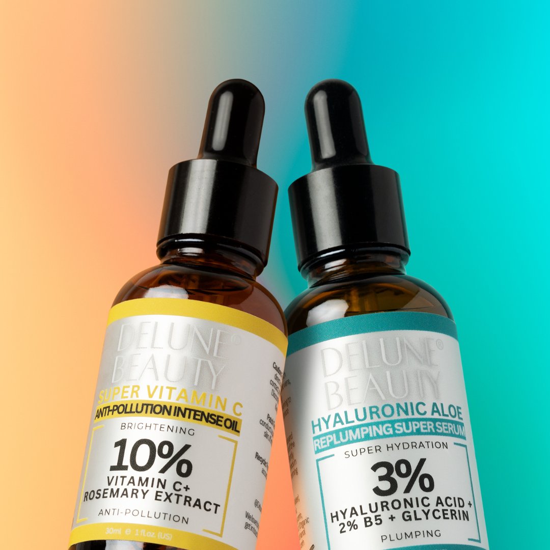 DeluneBeauty's tweet photo. Double the benefits, double the glow! Our dynamic duo—3% Hyaluronic Aloe Serum with deep hydration power and Super 10% Vitamin C Anti-Pollution Oil that brightens and protects—team up to transform your skin and boost your confidence 🌟 Experience the ultimate glow-up. https://t.co/lvwPEk1JHE