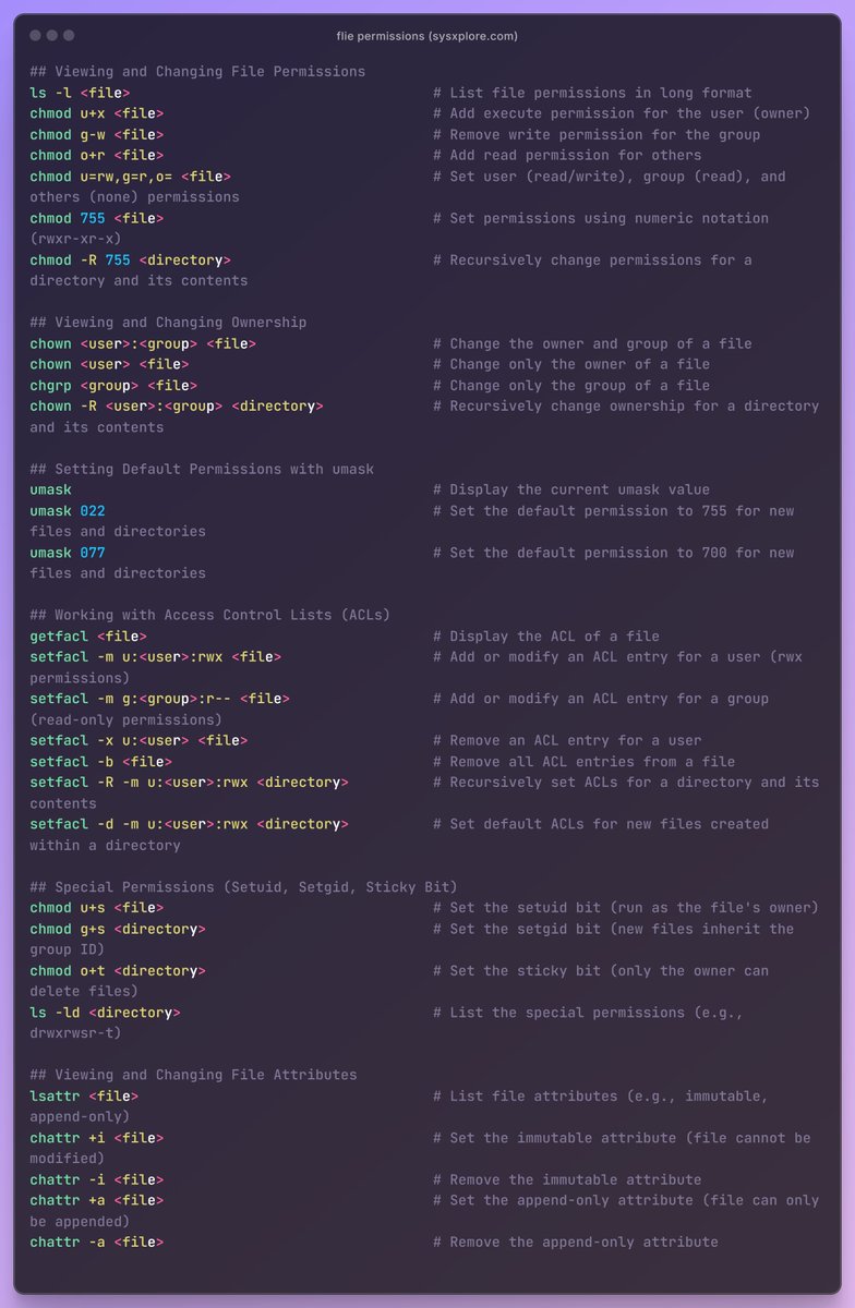 sysxplore's tweet image. Linux file permissions, attributes and Access Control Lists (ACLs) commands