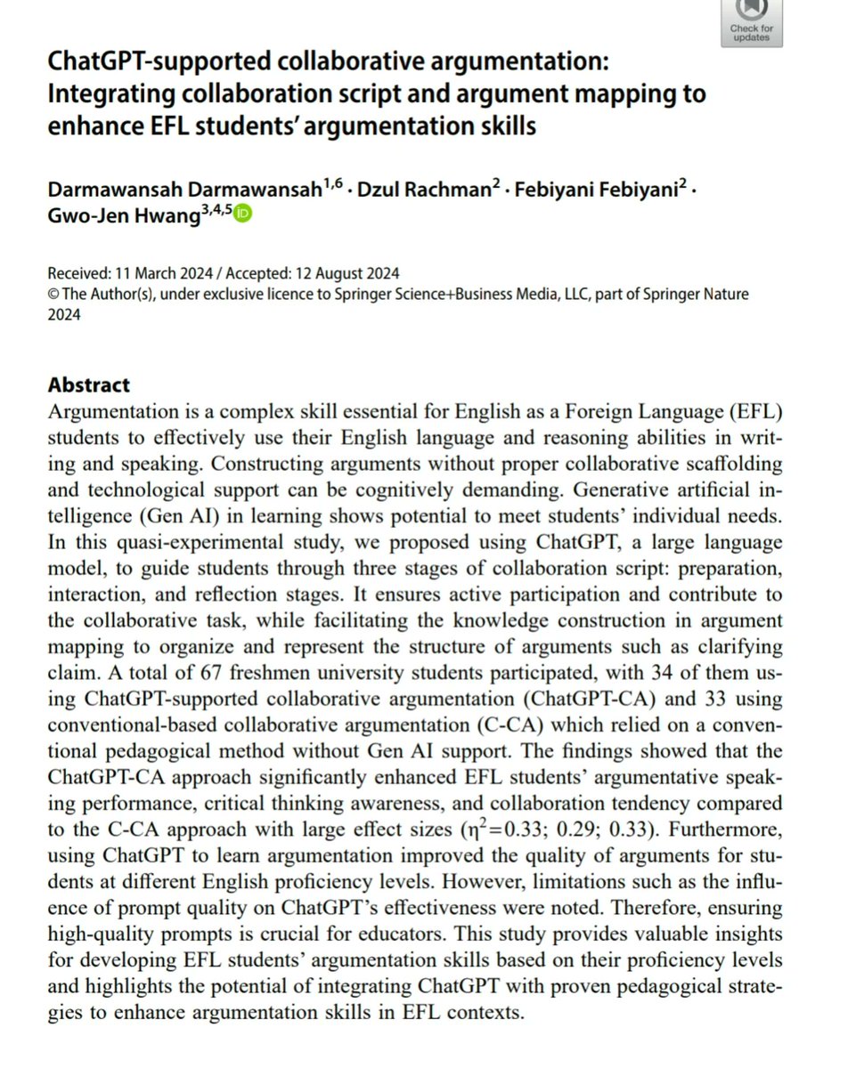 Hot off the press 🔥 My collaboration project with colleagues from Universitas Muhamadiyah Kalimantan Timur 🇮🇩 has been published!

We examined the use of ChatGPT in collaborative argumentation learning

link.springer.com/article/10.100…
