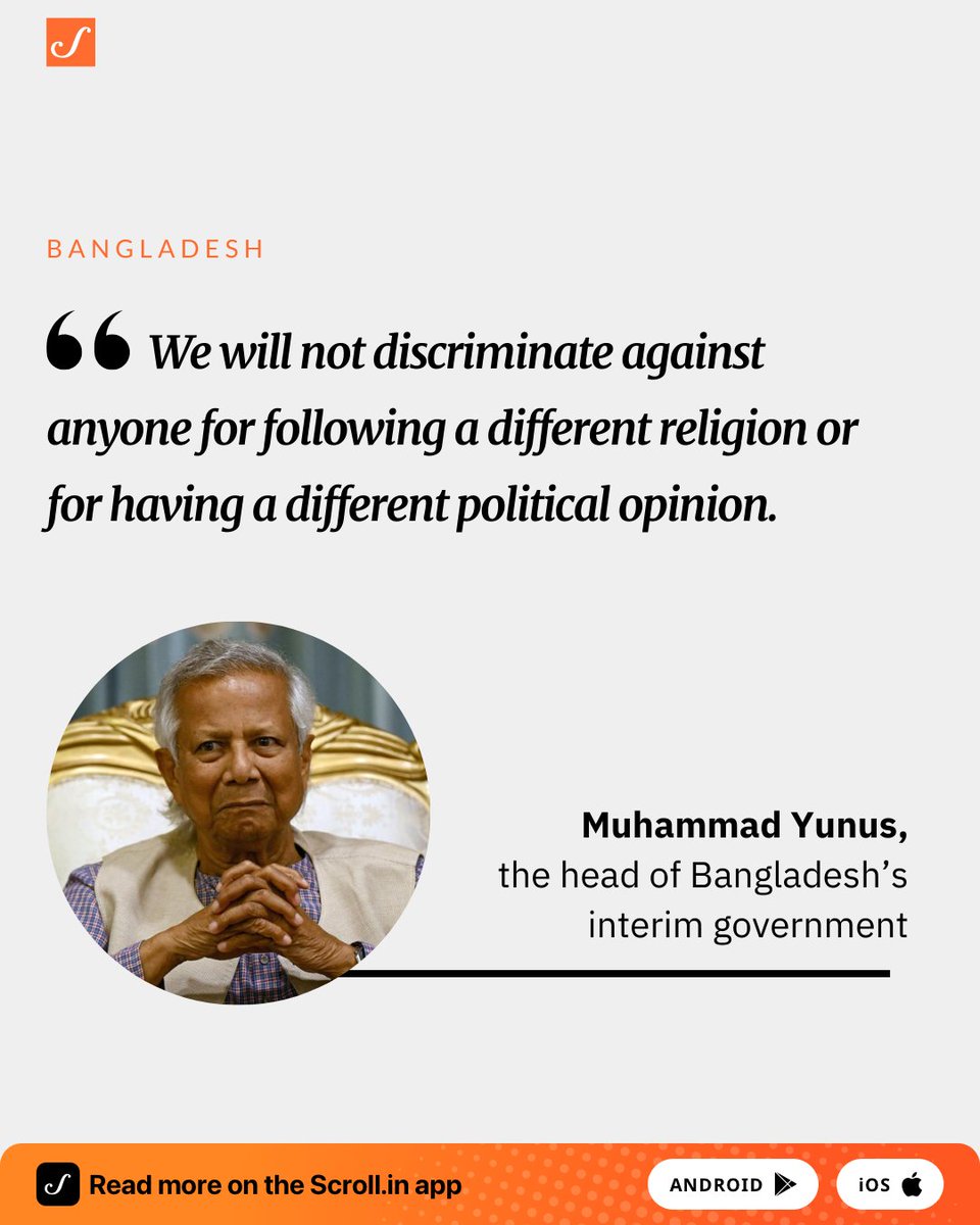 scroll_in's tweet photo. #Bangladesh | Religious minorities, tribes and other marginalised communities are equal citizens of the “new Bangladesh” and they will have equal rights, Muhammad Yunus said.

Read more: https://t.co/synPXQeSQO https://t.co/R1TuZCuWb9