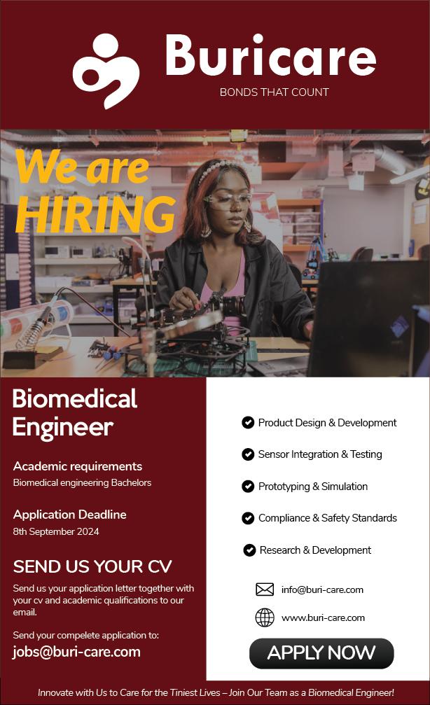 We are Hiring for  two open positions:
1- Sales and Marketing Specialist: 
2- Biomedical Engineer: 

Those interested can send their Application together with their CV and Academic Qualifications to

jobs@buri-care.com