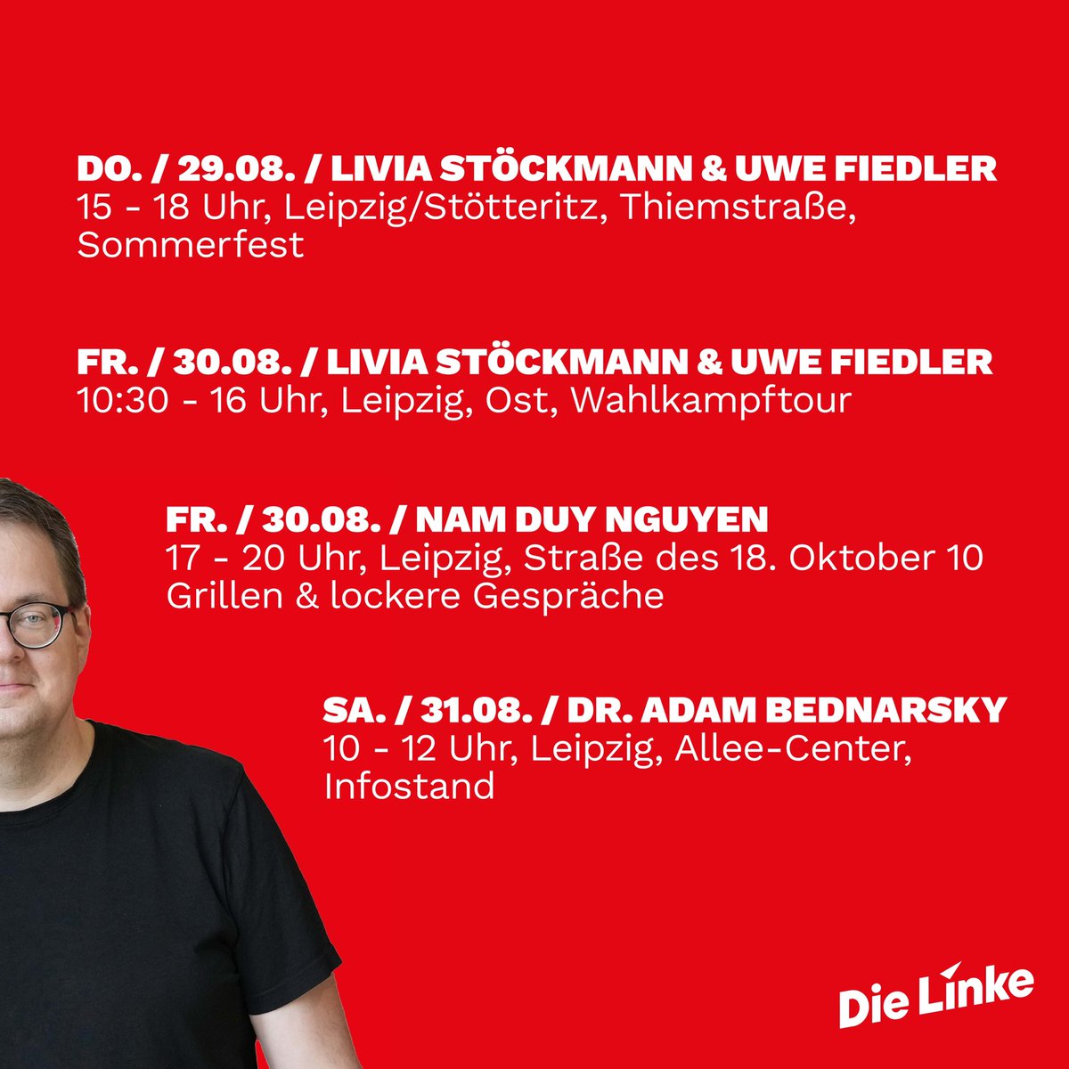 Auf geht’s in den Wahlkampfendspurt in Sachsen. Ihr trefft mich und viele Kandidierende von @linke_sachsen - hier eine Auswahl meiner Termine. Und am Sonntag, 1. September, mit beiden Stimmen <a href="/dieLinke/">Die Linke</a> wählen. Den auch Sachsen braucht eine starke, linke Opposition. #ltwsachsen