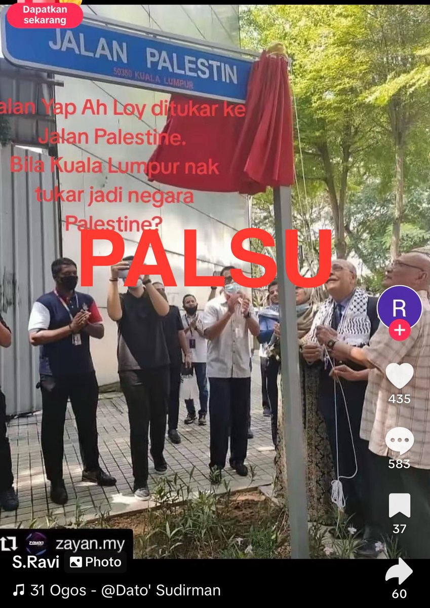 syahredzan's tweet photo. Dekat TikTok tersebar kononnya Jalan Yap Ah Loy ditukar jadi Jalan Palestin dan digambarkan kononnya baru dibuat.

Ini PALSU.

1. Yang tukar Jalan Palestin adalah Jalan Raja Laut 1.

2. Pertukaran dibuat 4 tahun lepas, pada tahun 2020.

Jangan terpengaruh dengan kepalsuan! https://t.co/w5zQl0vazE