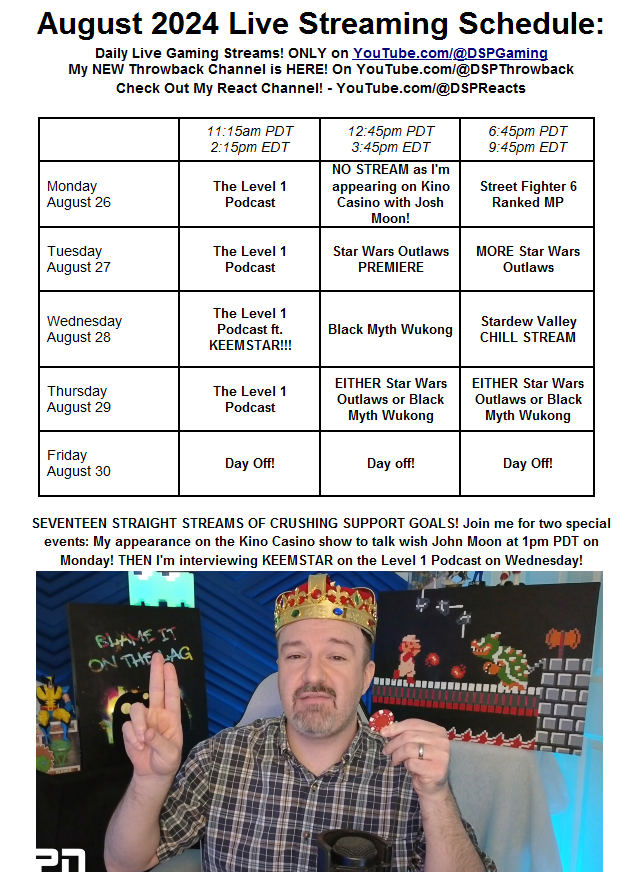 TheyCallMeDSP's tweet photo. Monday is a HUGE DAY! Join me for an earlier start to the Level 1 Podcast at 11am PDT as I prep for my appearance on Kino Casino, and interview with JOSH MOON which starts at 1pm PDT! No gameplay on 1st stream, but I'll be back on the late shift for the return of BISON in SF6! https://t.co/SO4pw6NSLW
